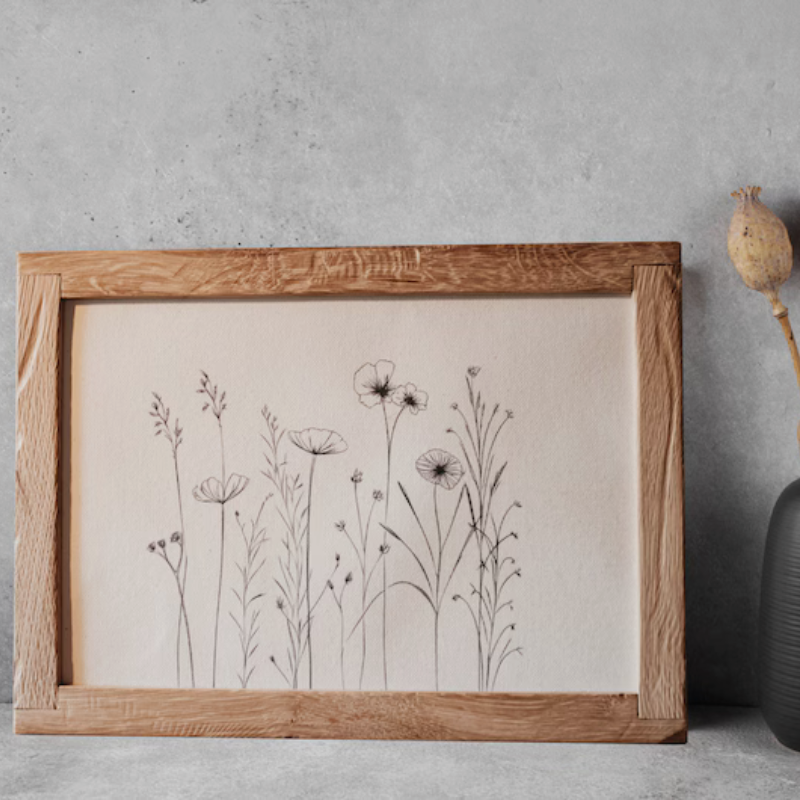 Eiche Altholz Bilderrahmen mit Leinenbild – Handgefertigter Vintage Holzrahmen A4 Wanddeko im Boho Stil